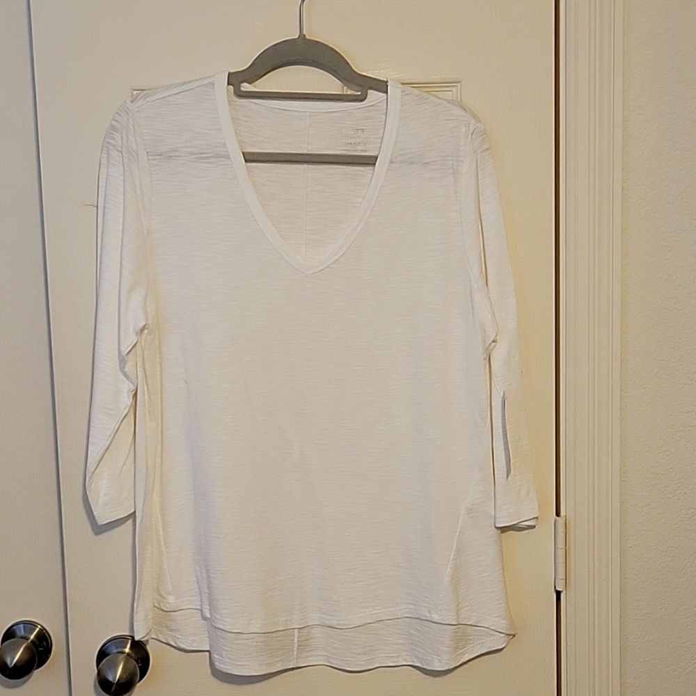 NWT'S CHICO'S Cotton V Neck Basic Knit Tee Top, 3/4 Sleeve,  Alabaster, Size L